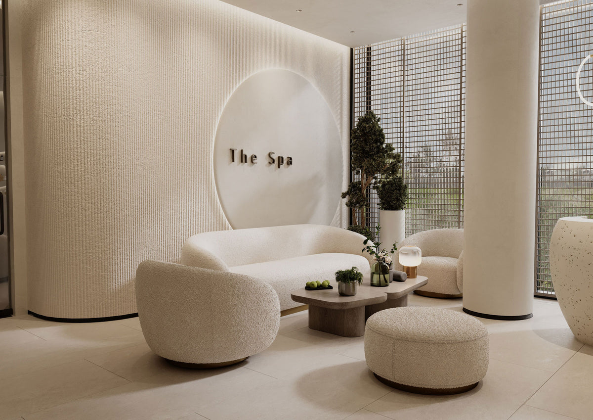 Bright modern med spa lounge with curved white seating